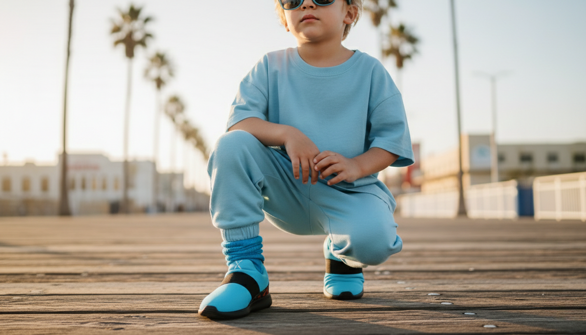 Boy wearing blue slip-on sneakers with matching slouch socks by Mix Kix