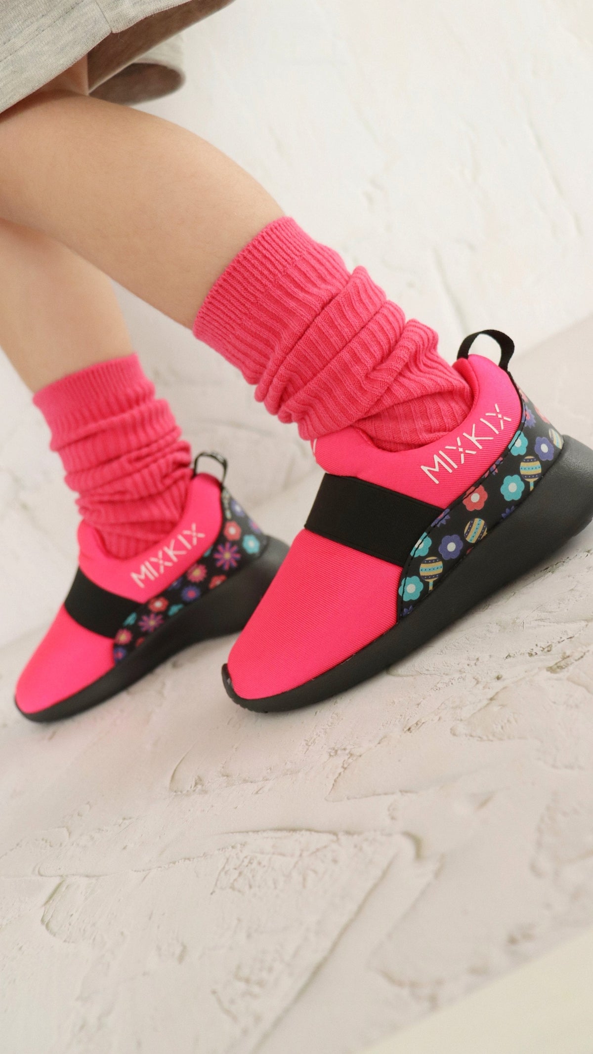 Matching kids sneaker and sock set, coordinated footwear for ages 2 to 6. pink floral slip-on sneakers for toddlers, machine washable kids shoes.