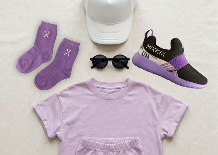 Purple Sneaker and sock complete outfit 