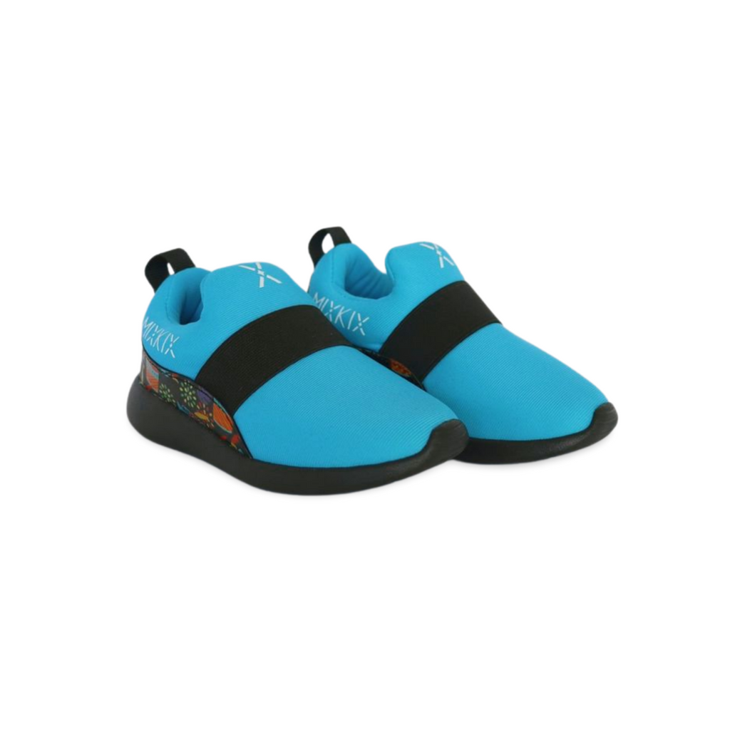 Aqua blue musical instrument print sneakers for kids, easy slip-on toddler footwear.
