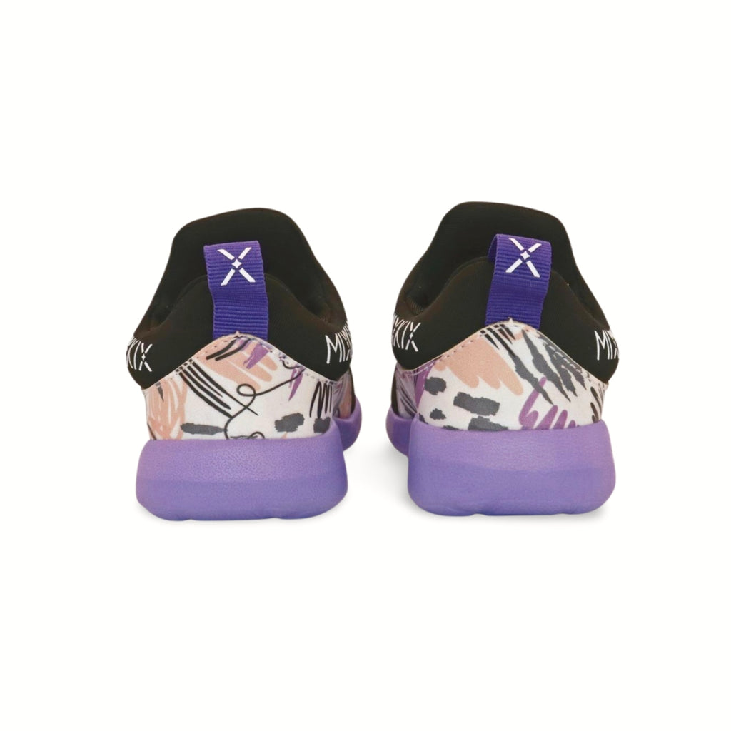 Black and purple 90s style kids slip-on sneakers with bold patterns and supportive cushioning.