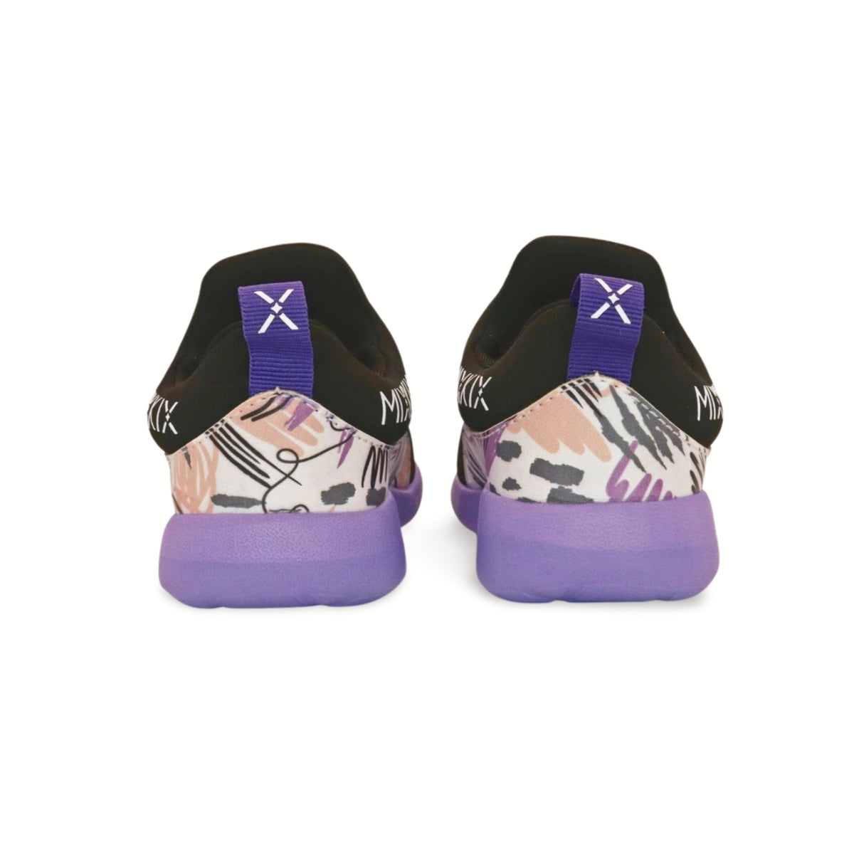 Black and purple 90s style kids slip-on sneakers with bold patterns and supportive cushioning.