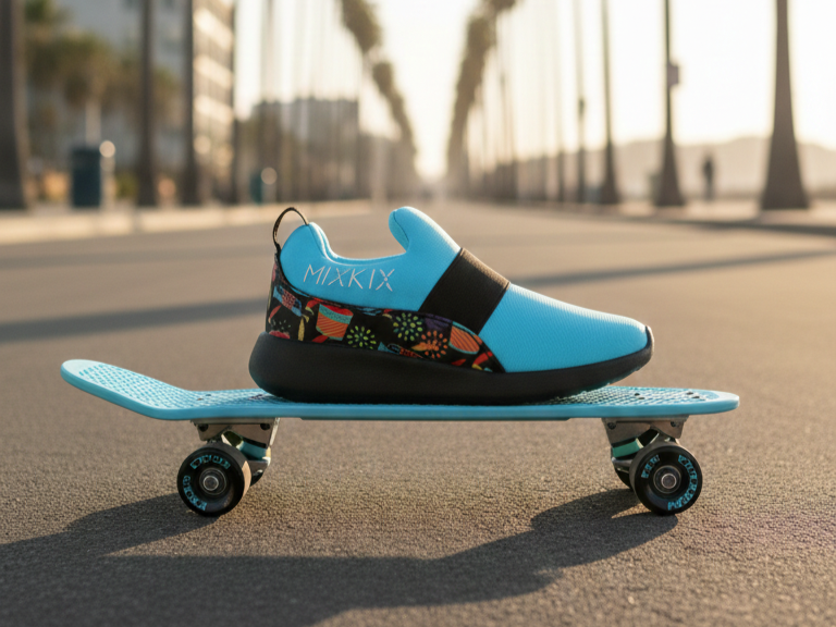 A light blue and black slip-on shoe with a colorful geometric pattern on the side and the brand name 'MIXKIX' printed on the heel, resting on a matching light blue skateboard on an asphalt street with a blurred background of palm trees.