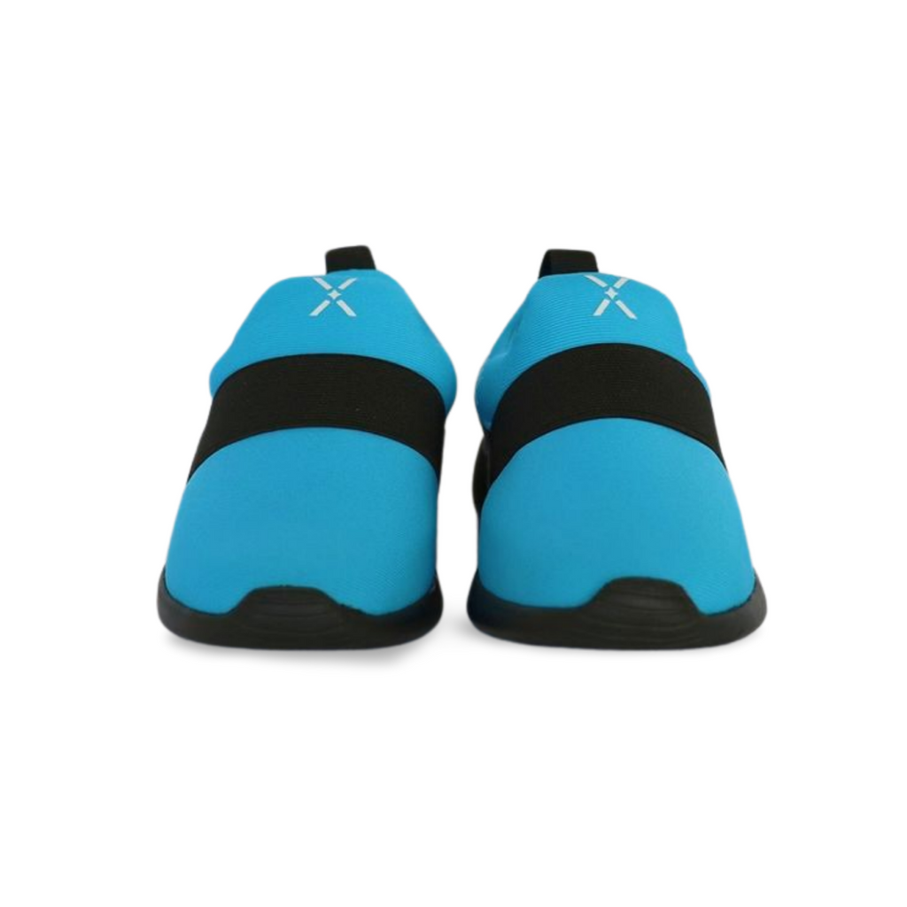 Aqua blue musical instrument print sneakers for kids, easy slip-on toddler footwear.