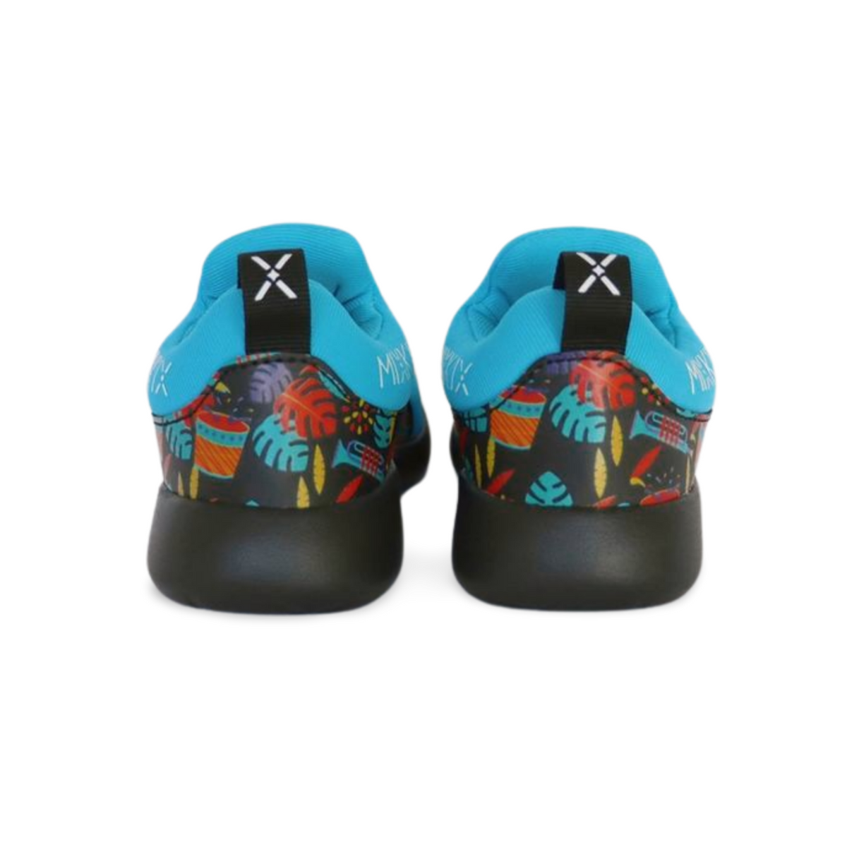 Aqua blue musical instrument print sneakers for kids, easy slip-on toddler footwear by Mix Kix.