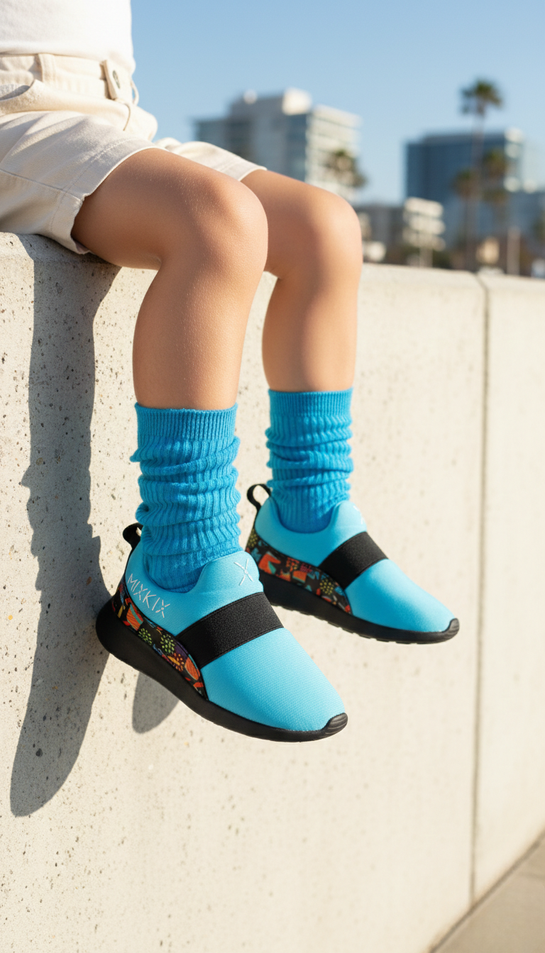 Kids wearing blue shoe and matching socks sitting on a ledge. 