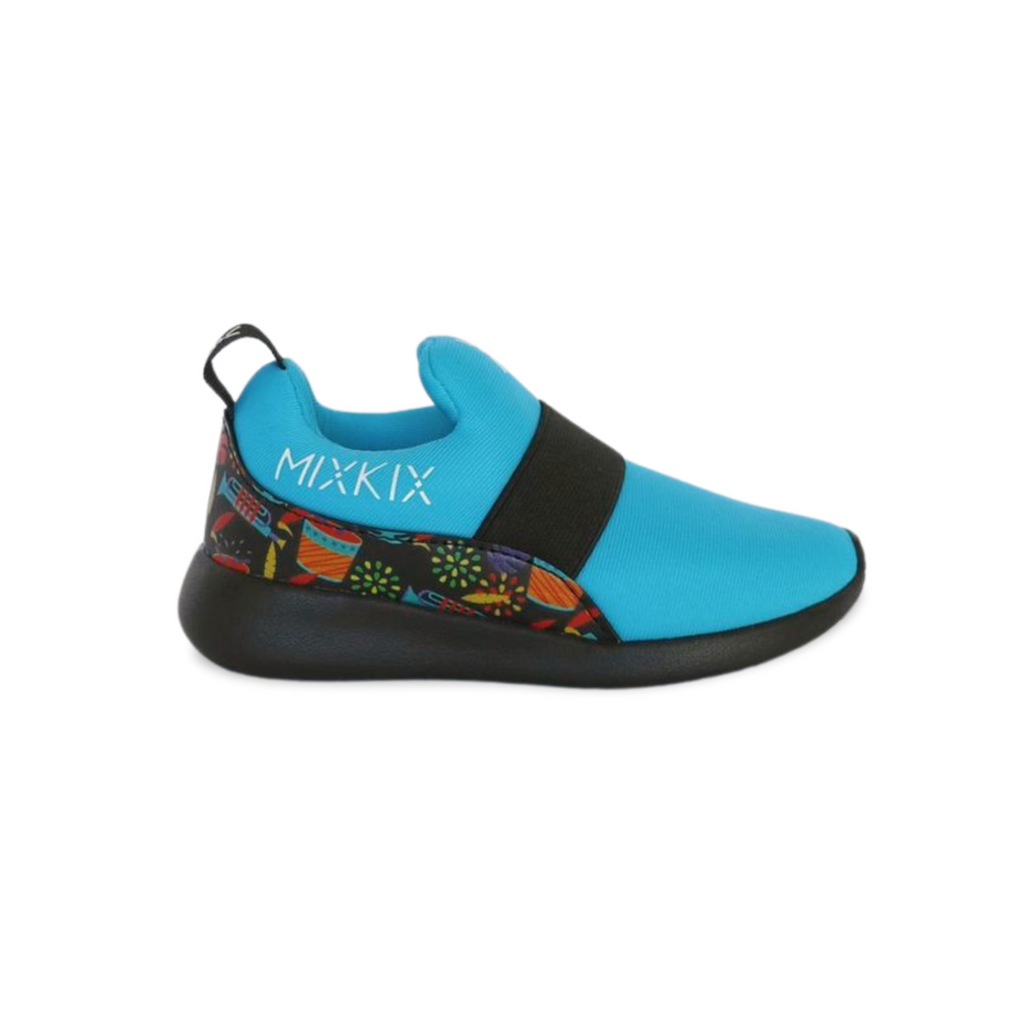Aqua blue musical instrument print sneakers for kids, easy slip-on toddler footwear.