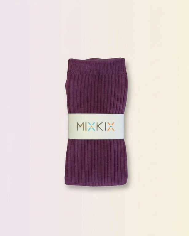 Plum purple ribbed slouch socks for kids  with a white paper band around the middle that reads 'MIXKIX' 