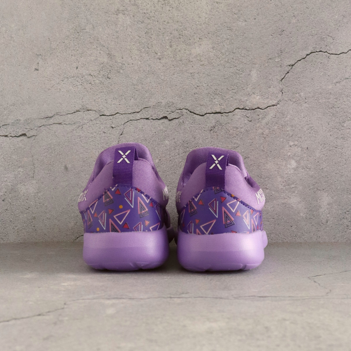Retro purple geometric print kids sneakers, 90s style slip-on shoes for toddlers by Mix Kix. 