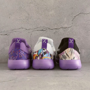 Three pairs of 90s Mix Collection kids sneakers in purple, white and black colours back