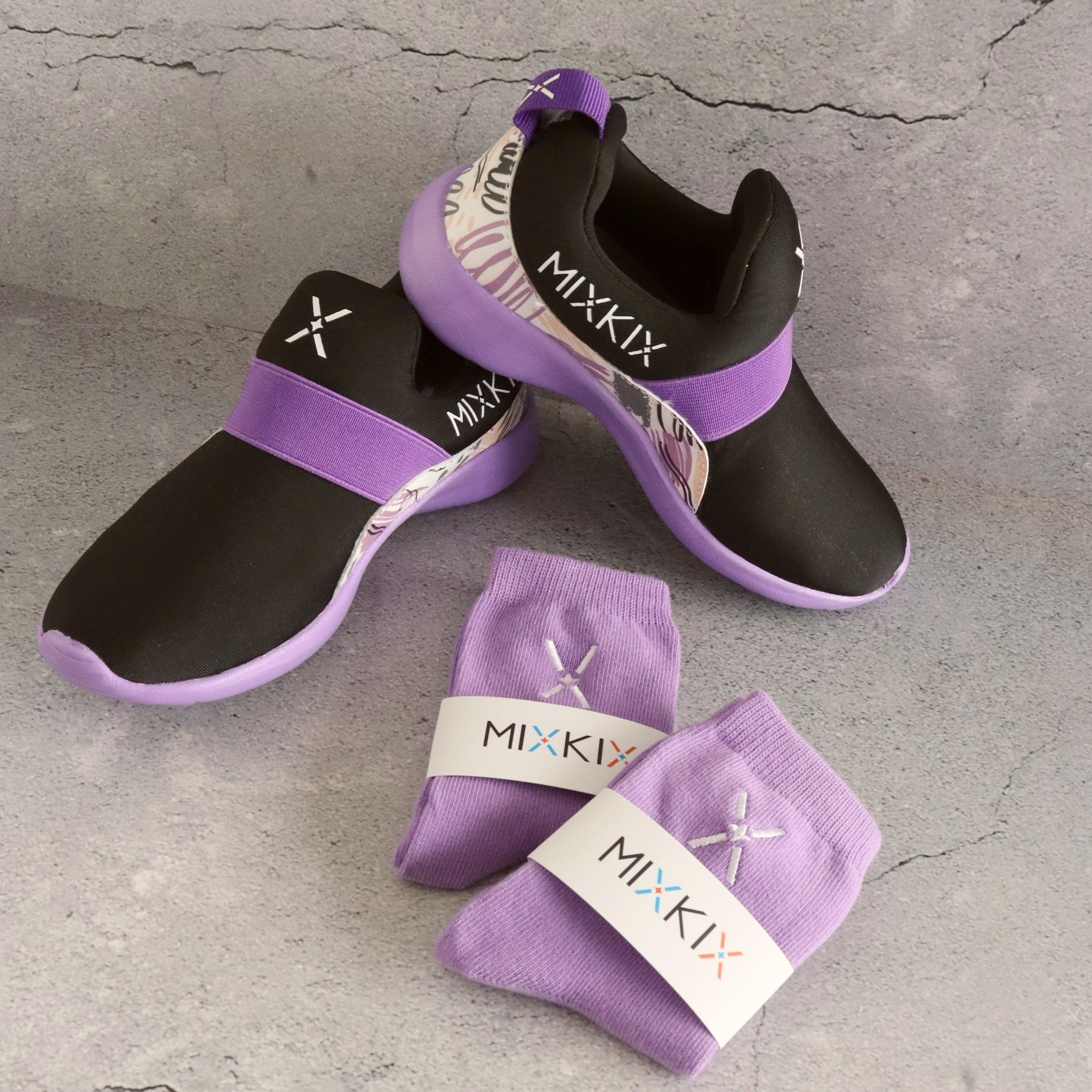 Purple cotton kids socks Mix Kix with black sneakers