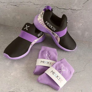 Purple cotton kids socks Mix Kix with black sneakers