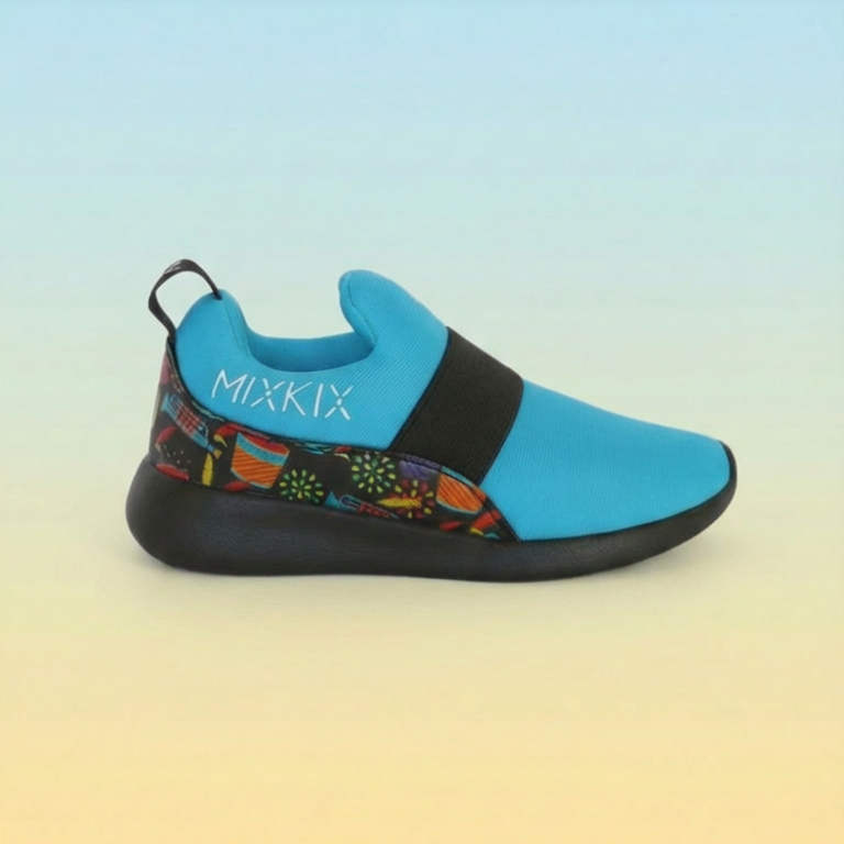 Blue slip-on kids shoe with colorful sole design on a gradient background