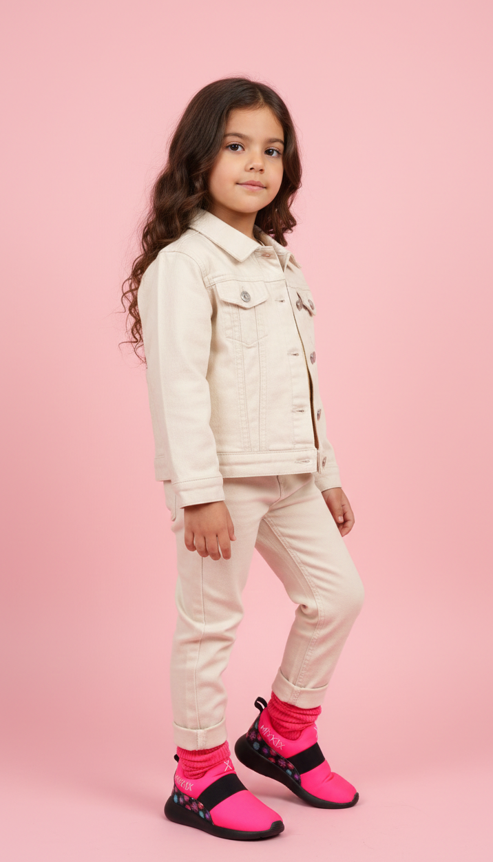 Girl aged 5 wearing mix kix pink slip on sneakers and matching socks 