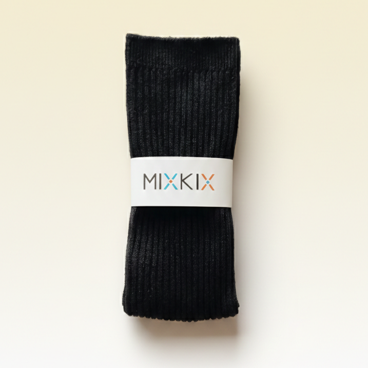 Black sock with a 'MIXKIX'  one size for kids 2 to 7. 