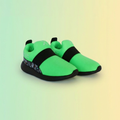 Neon green slip on shoes with black bands on a gradient background