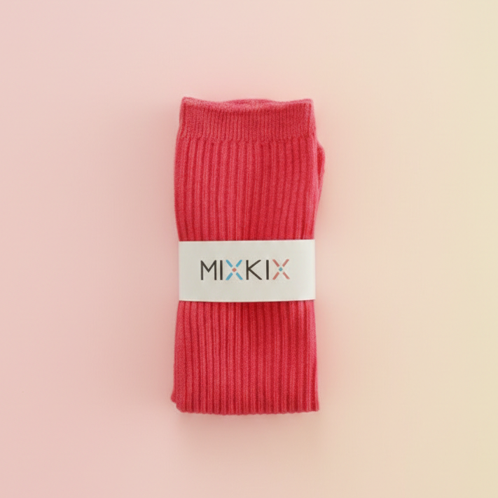 Pink cotton sock with a 'MIXKIX' label on a pink background 