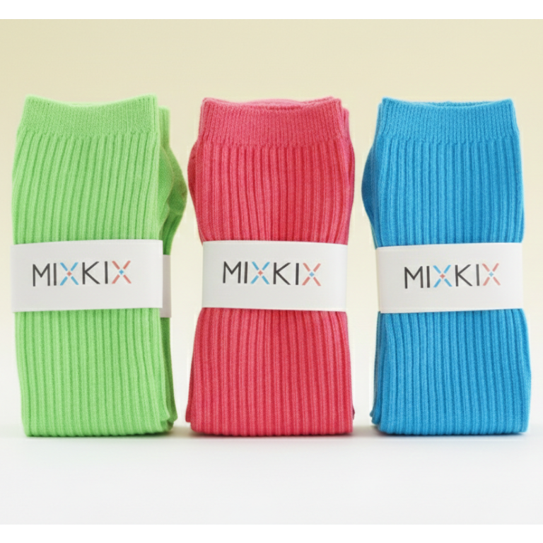 Three colorful ribbed scrunch socks with 'MIXKIX' labels on a light background for kids ages 2 to 7.