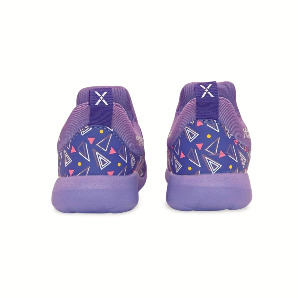 Retro purple geometric print kids sneakers, 90s style flexible sole slip-on shoes for kids and toddlers.