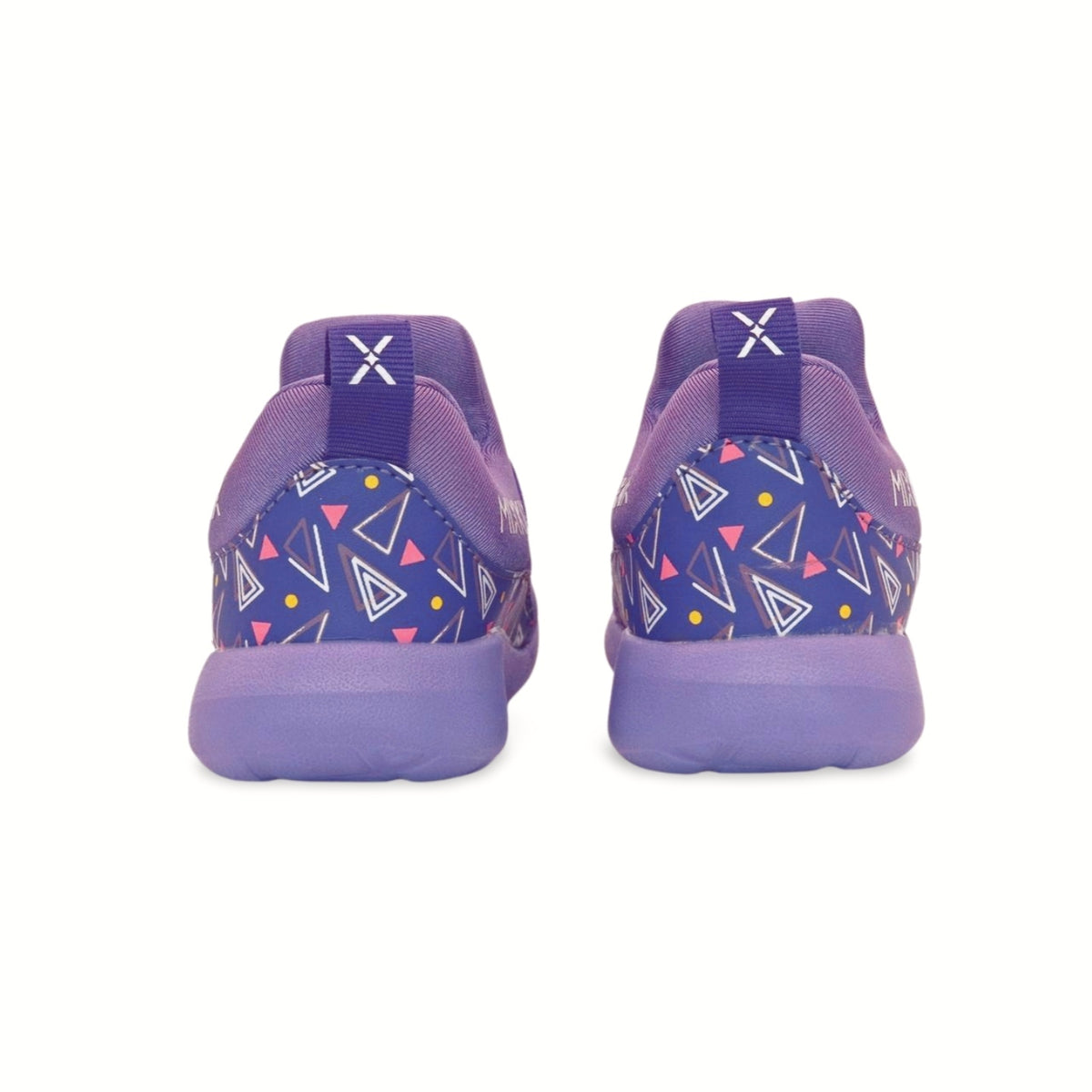 Retro purple geometric print kids sneakers, 90s style flexible sole slip-on shoes for kids and toddlers.