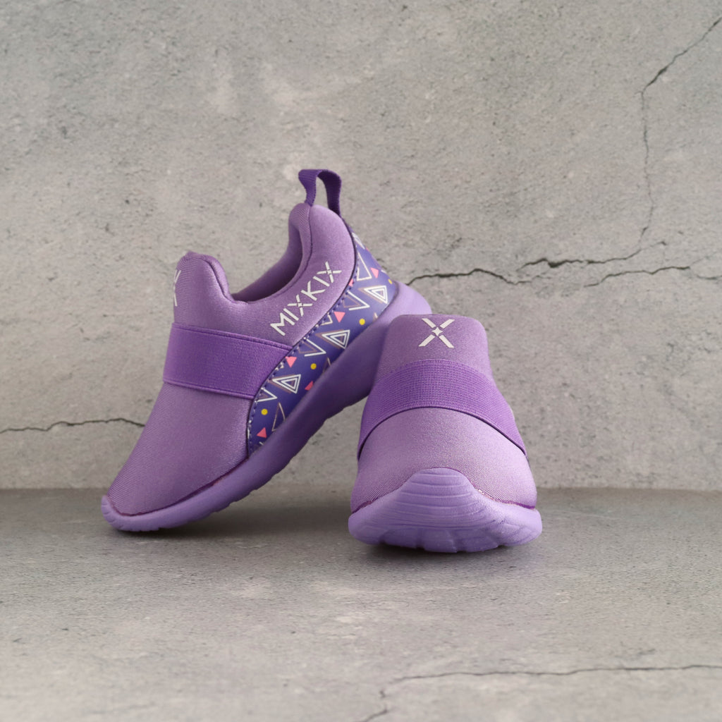 Retro purple geometric print kids sneakers, 90s style slip-on shoes for toddlers.