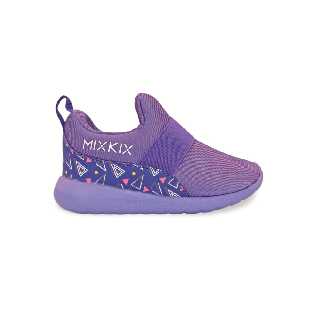 Retro purple geometric print kids sneakers, 90s style slip-on shoes for toddlers and kids. 