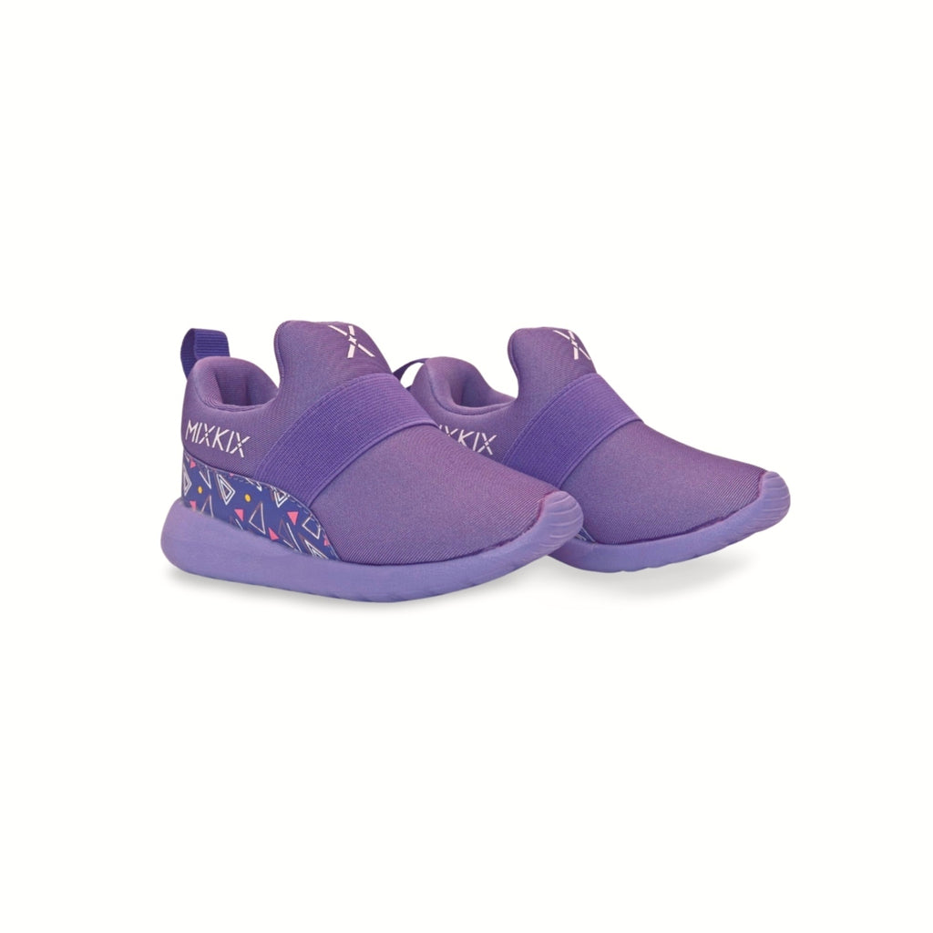Retro purple geometric print kids sneakers, 90s style slip-on shoes for girls and boys. 