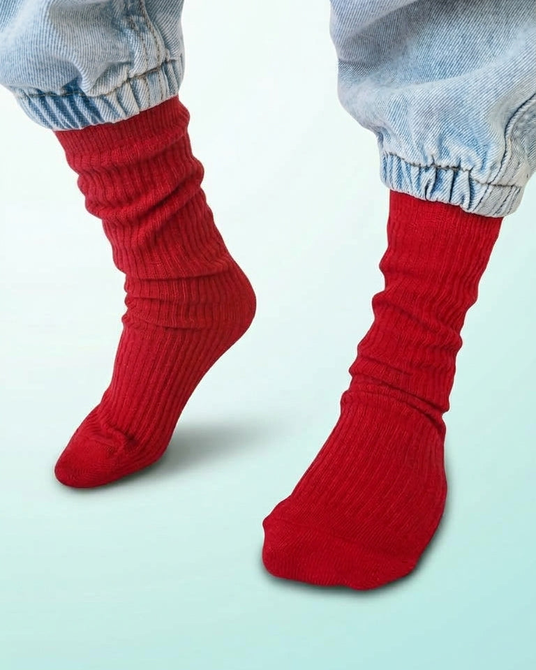 Red ribbed slouch socks worn with light blue cuffed jeans against a pale mint background.