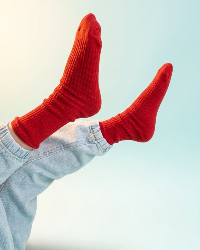 A pair of bright red ribbed crew socks worn with light blue jeans, shown against a soft light blue gradient background.