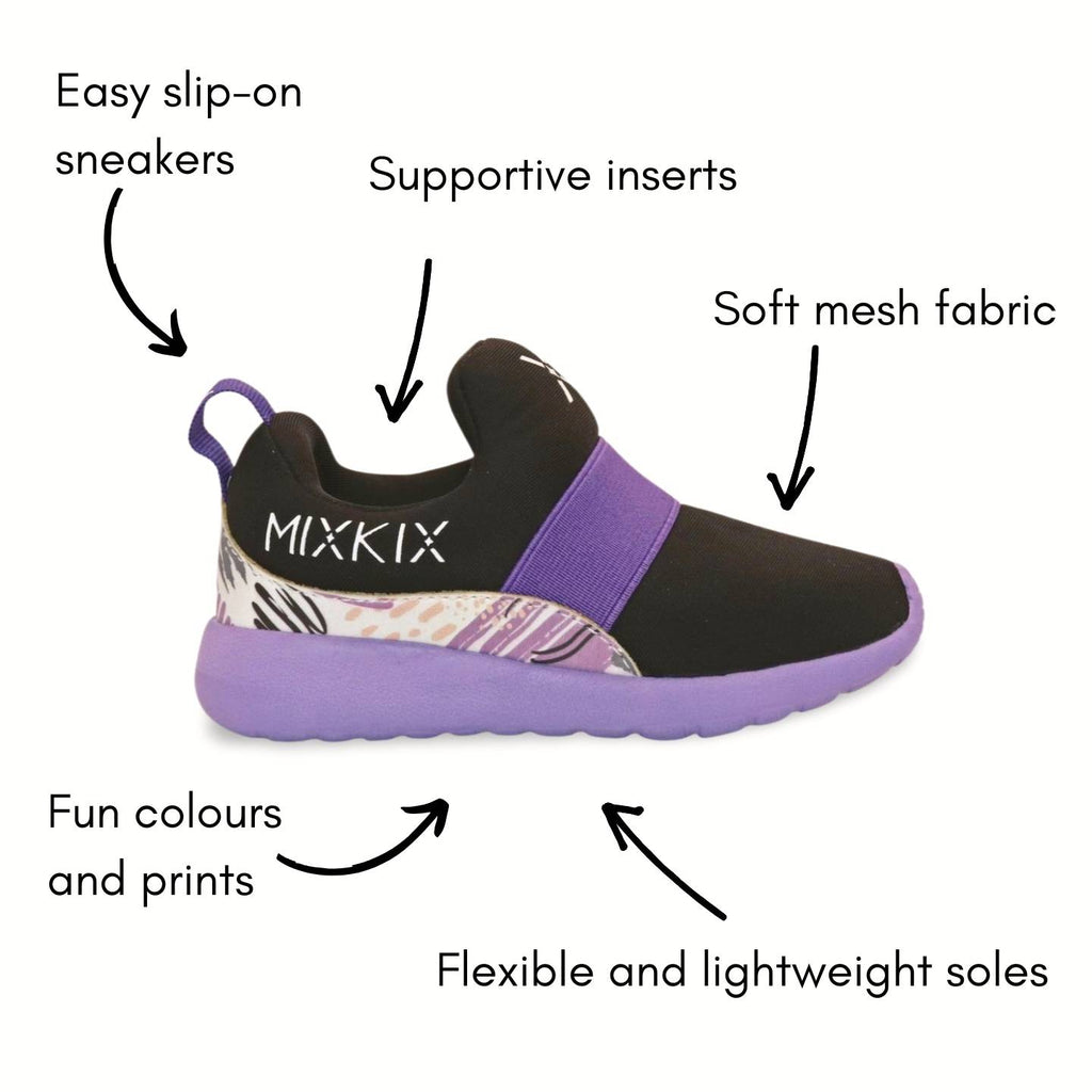 Black and purple sneaker with features labeled on a white background