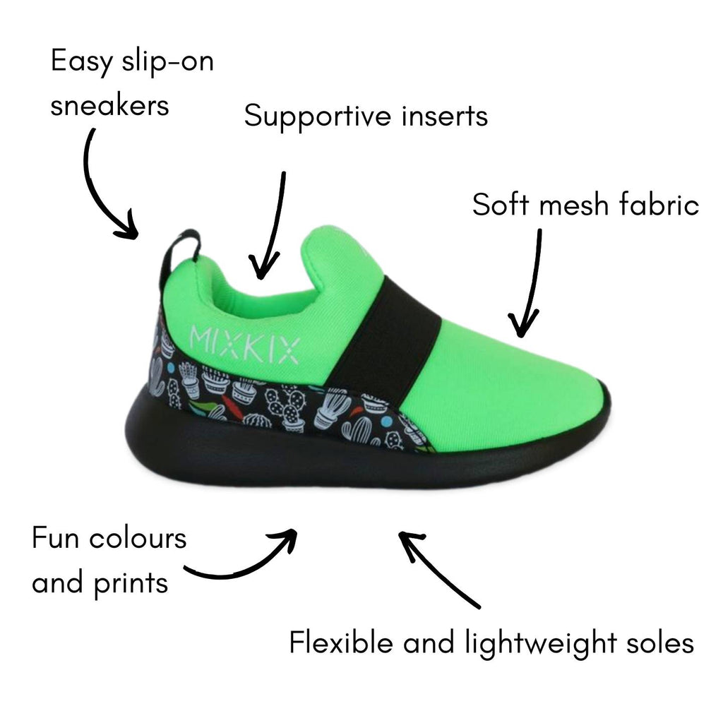 Green sneaker with features and benefits labeled on a white background